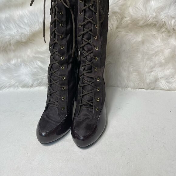 Herstyle brown lace up boots heels nylon and faux leather size 10 - Picture 2 of 12
